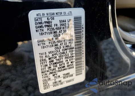 2009 Nissan Murano S z USA, uszkodzony, nr VIN JN8AZ18U59W019889